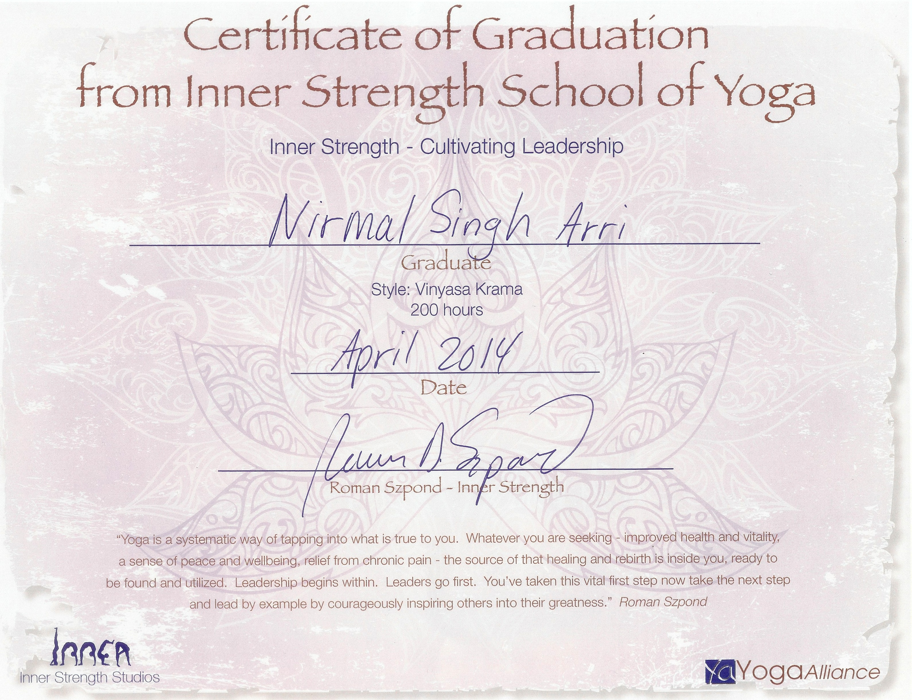 Yoga Teacher Certificate